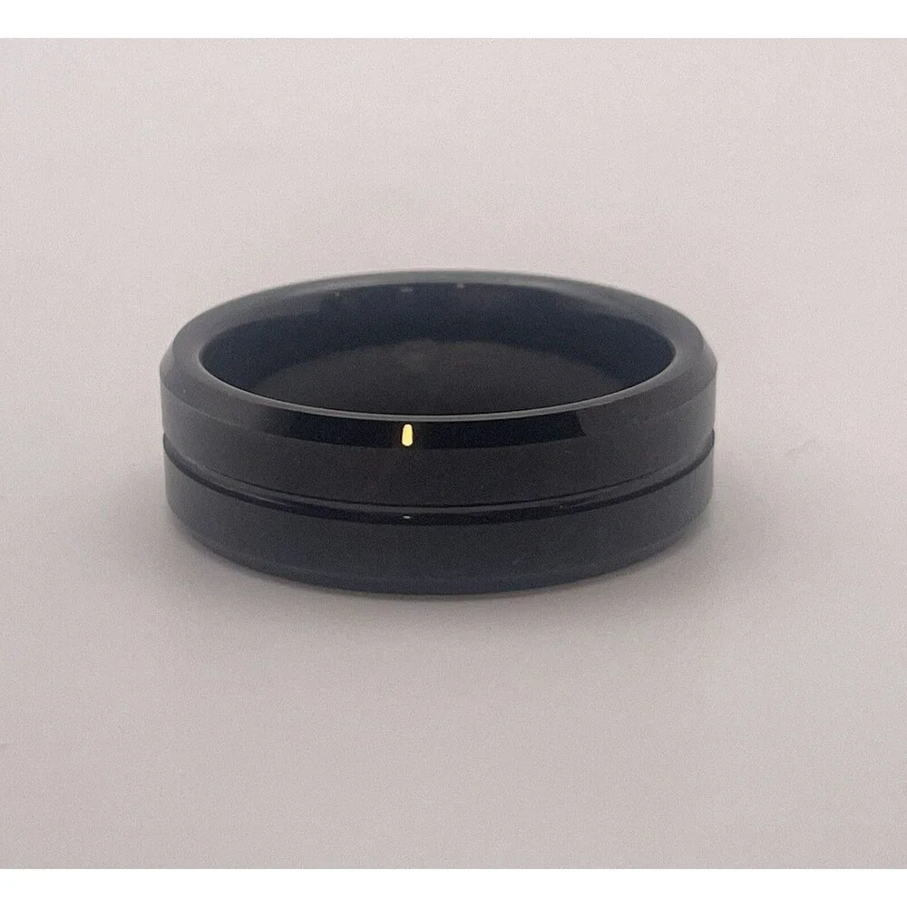 Black Satin Tungsten Band Ring w/ Center Groove & Polished Beveled Edge